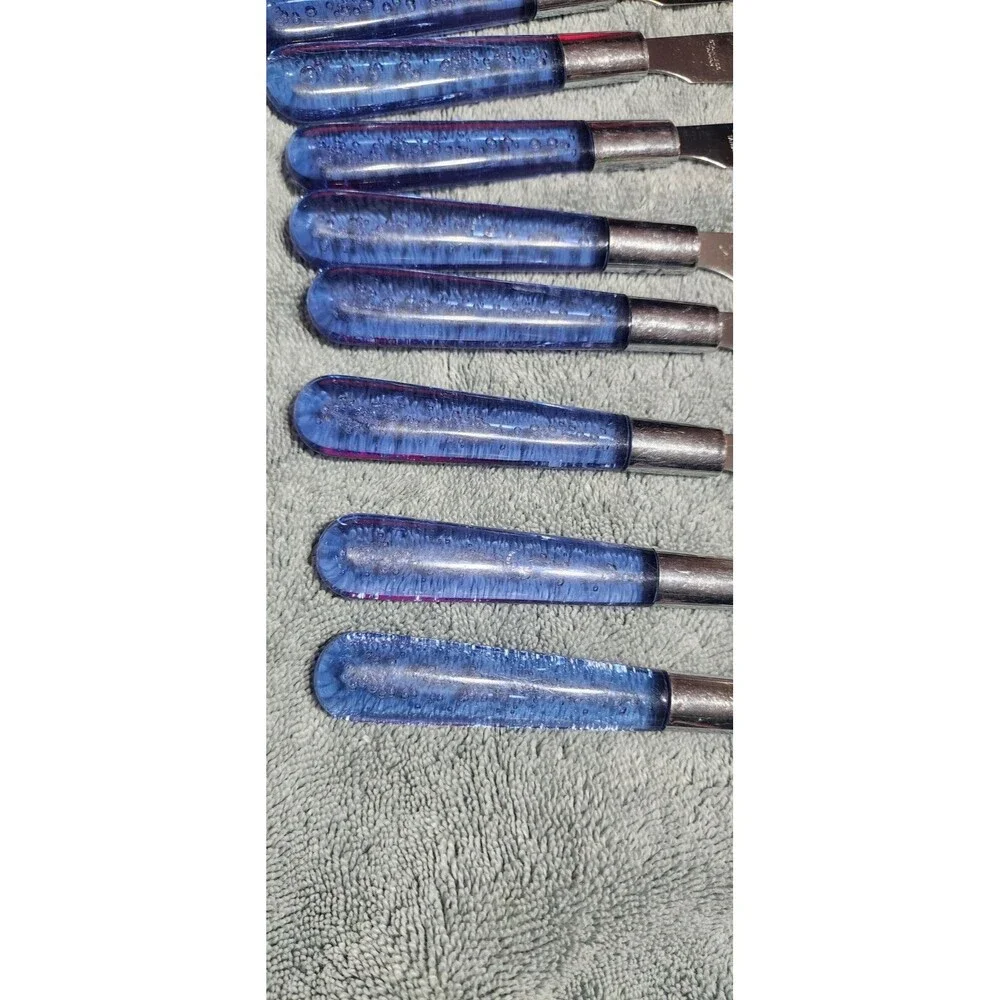 Vtg Flatware Stainless Steel Silverware 10 Settings Blue Lucite Plastic